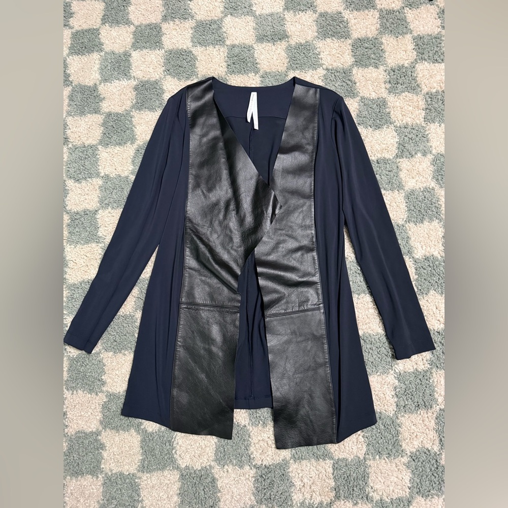 I BY IRIS SETLAKWE Leather Front Detail Black Stretch Cardigan Blouse Size Large